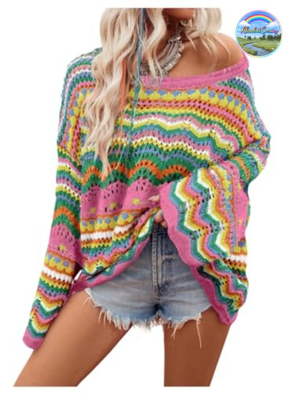 Open Knit Crochet Pullover Sweater Long Sleeve Drop Shoulder Round Neck